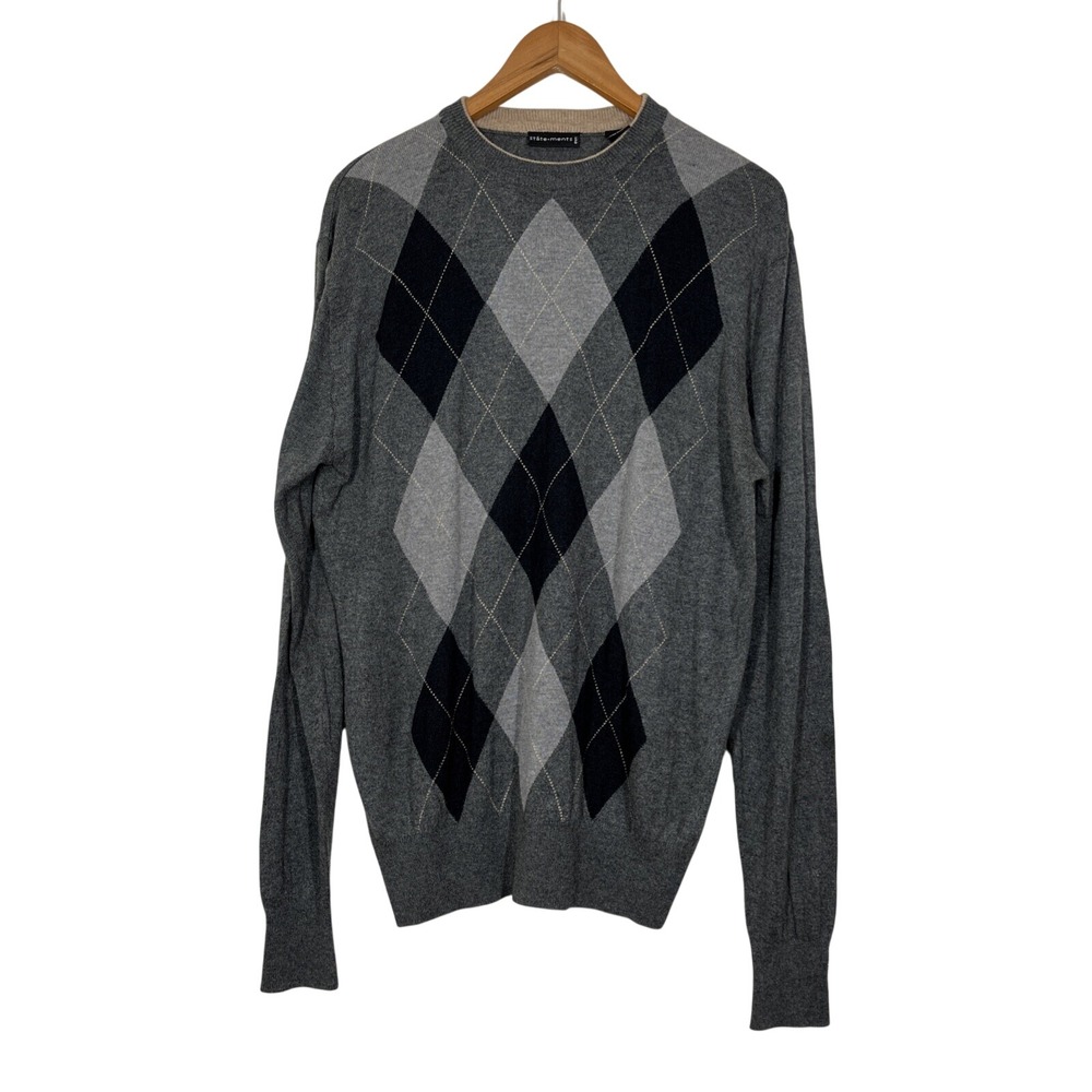 State Ments Cashmere‎ Silk Blend Argyle Pullover Sweater Sz M Gray  Mens Basic